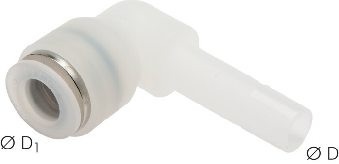 Exemplary representation: Push-in L-connector with push-in nipple, PVDF