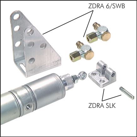 Exemplaire exposé: ZDRA 6/SWB (fixation pivotante avec raccord à vis angulaire), ZDRA SLK (palier pivotant pour tige de piston)